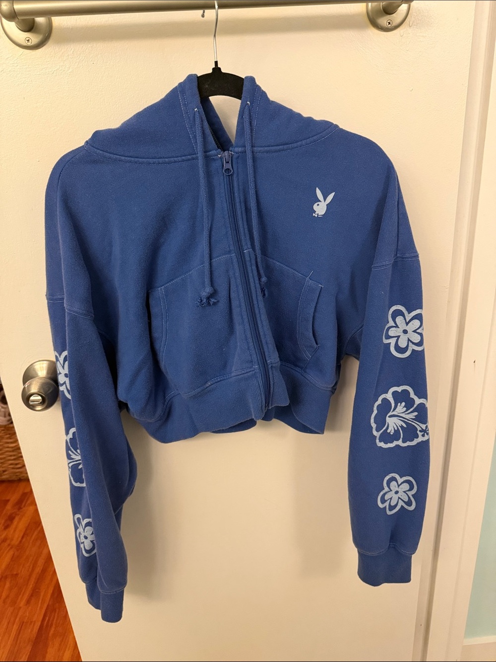 Blue PlayBoy cropped zip hoodie